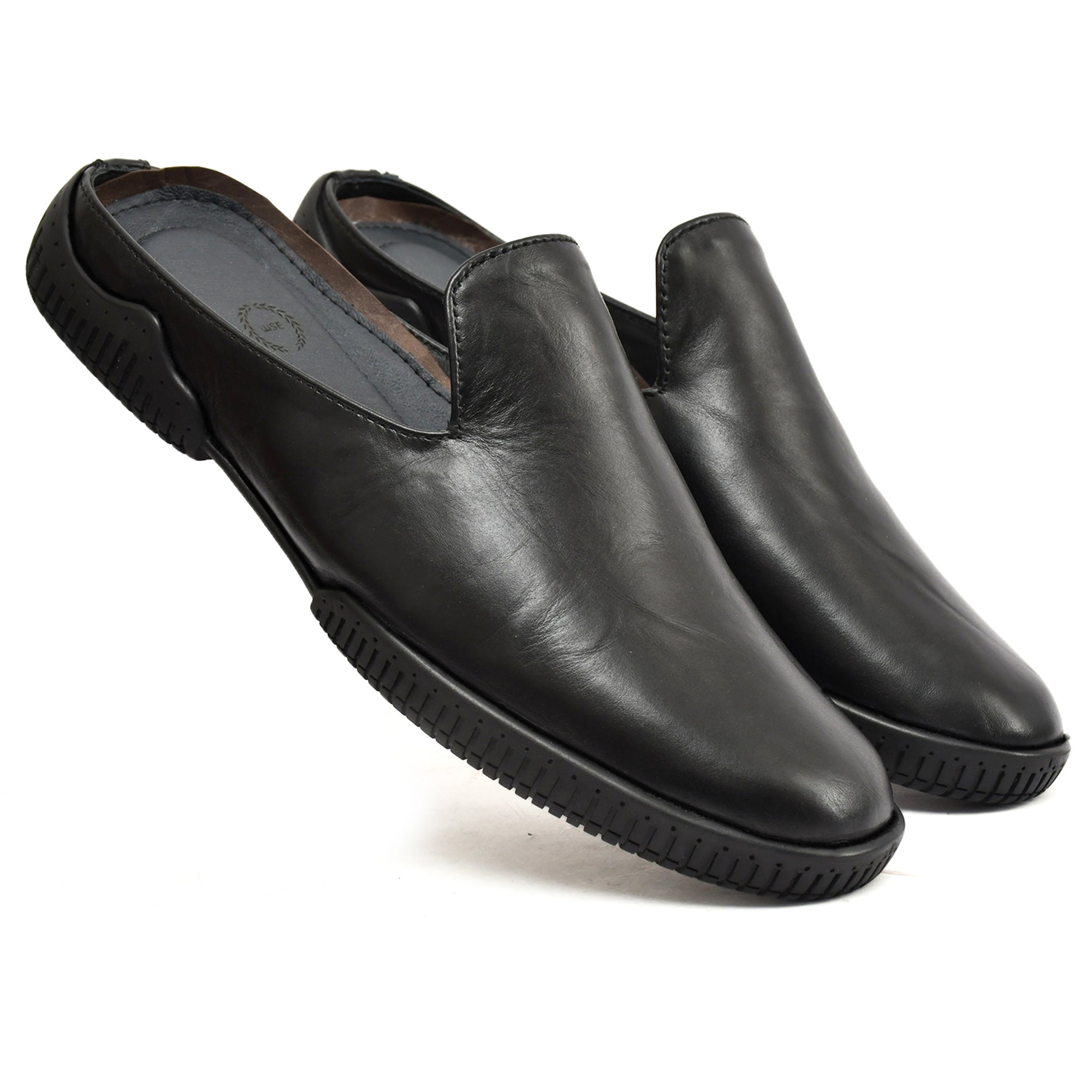Mules : Black leather Mules with Memory foam footpad. Article :  Flexi02-Black