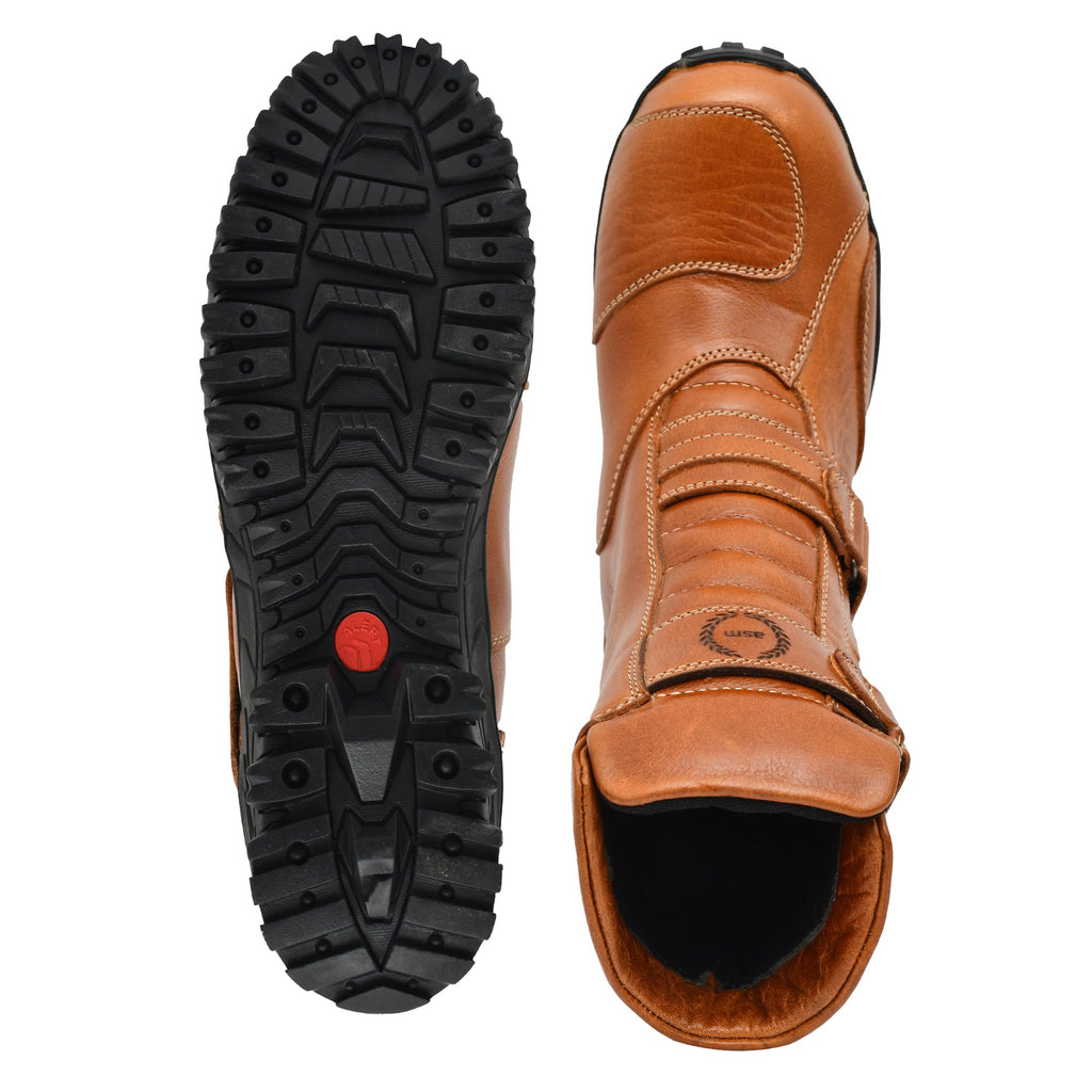 Biker Boots : Waterproof Tan Rugged leather Rider boots for bikers with Memory foam footpad.