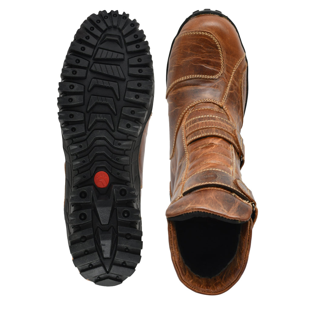 Biker Boots : Waterproof Brown Rugged leather Rider boots for bikers with Memory foam footpad.