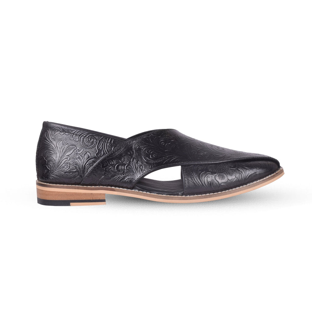 Peshawari : Black flora embossed leather handmade Peshawari with Memory foam footpad. Article : P01_Flora_Black