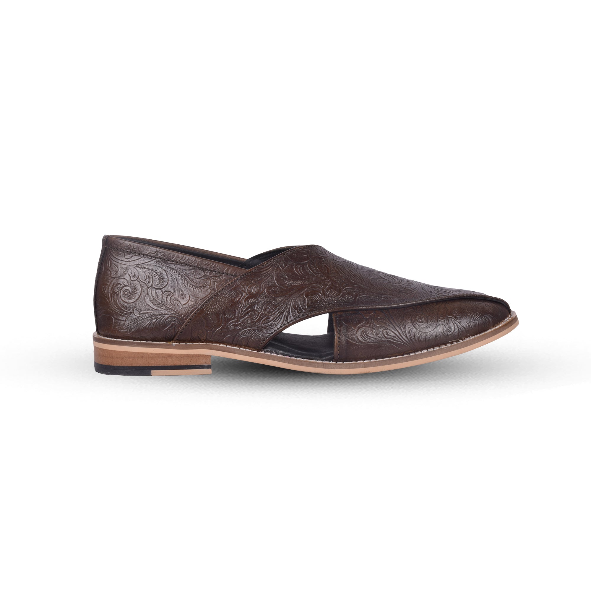 Peshawari : Olive flora embossed leather handmade Peshawari with Memory foam footpad. Article : P01_Flora_Olive