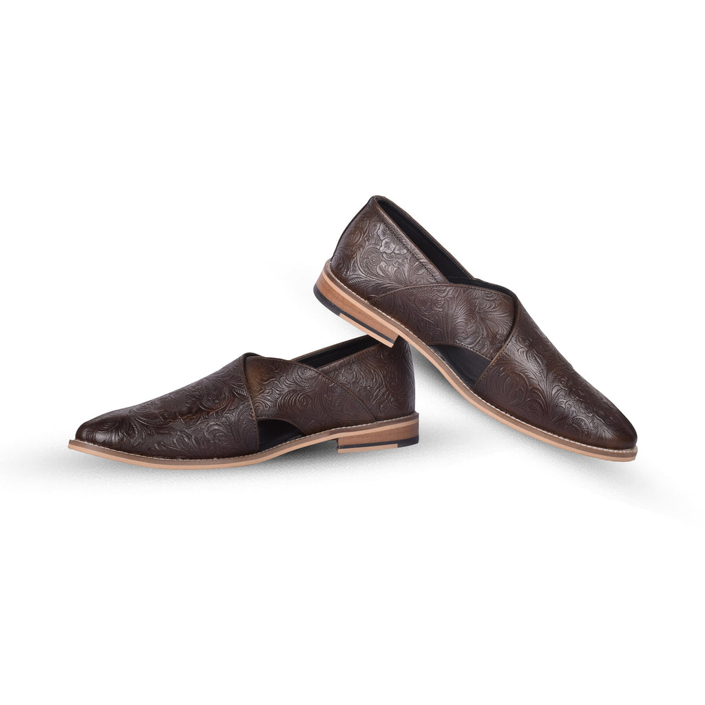 Peshawari : Olive flora embossed leather handmade Peshawari with Memory foam footpad. Article : P01_Flora_Olive