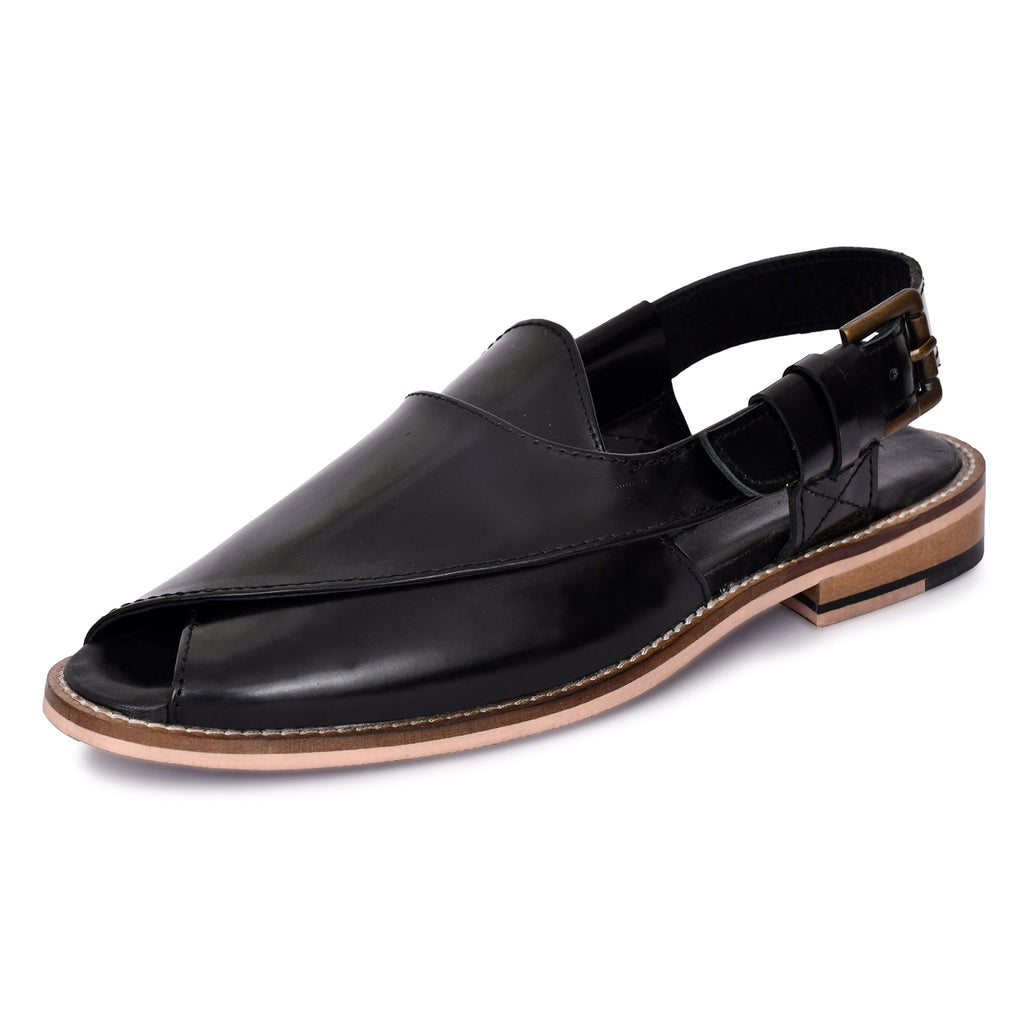 Peshawari : Black leather handmade Peshawari with Memory foam footpad. Article : Peshawari02