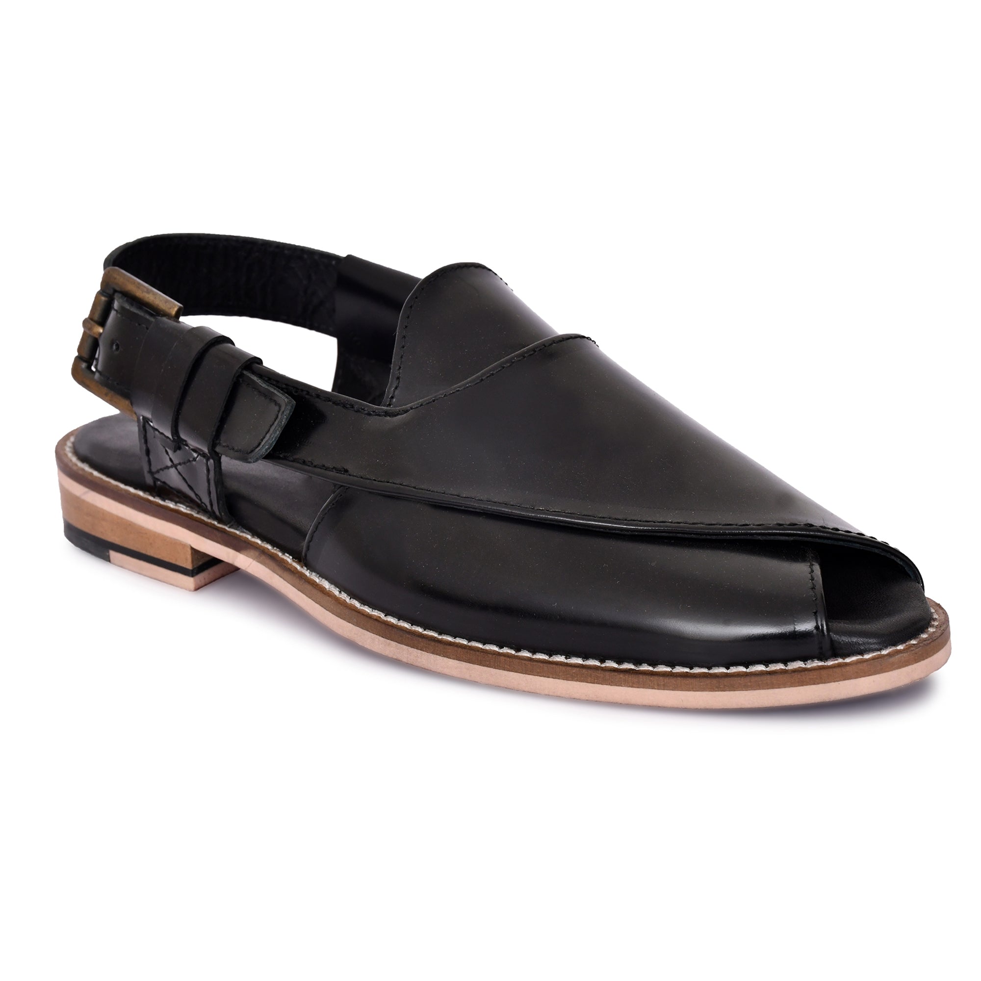 Peshawari : Black leather handmade Peshawari with Memory foam footpad. Article : Peshawari02