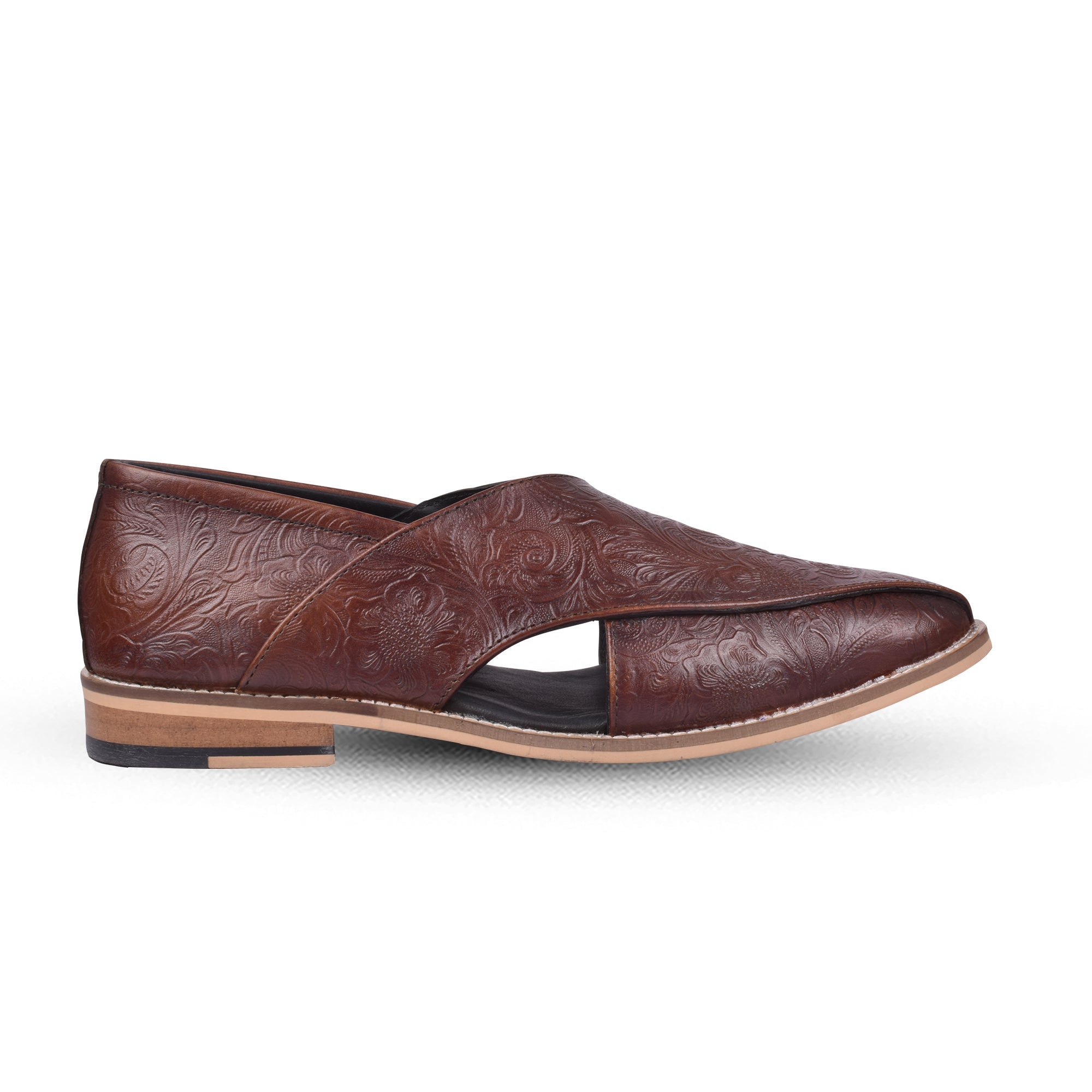 Peshawari : Brown flora embossed leather handmade Peshawari with Memory foam footpad. Article : P01_Flora_Brown