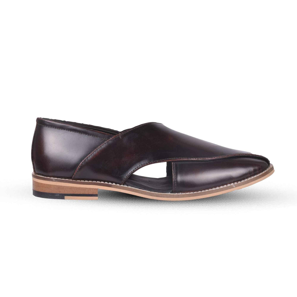 Peshawari : Wine brush off leather handmade Peshawari with Memory foam footpad. Article : P01_WineBrushoff