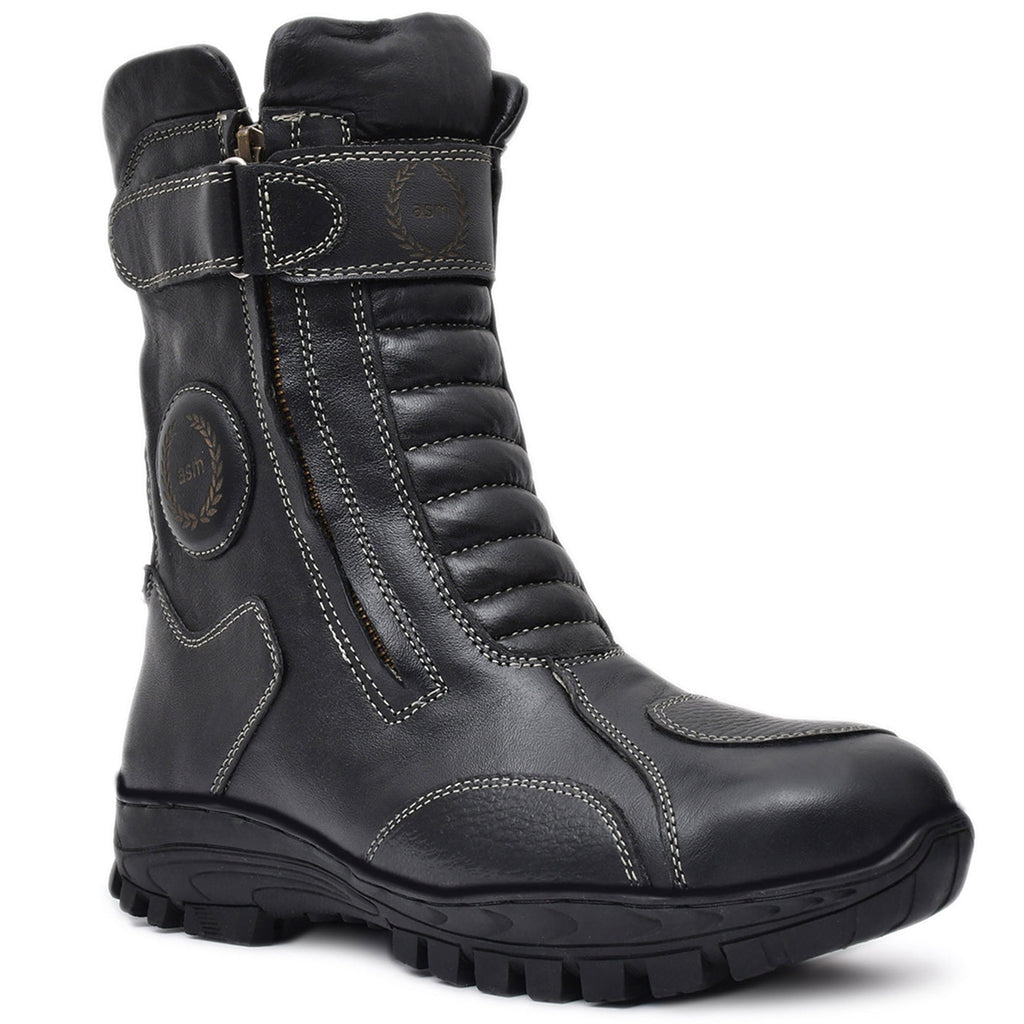 Biker Boots : Waterproof Black leather Rider boots for bikers with Memory foam footpad.