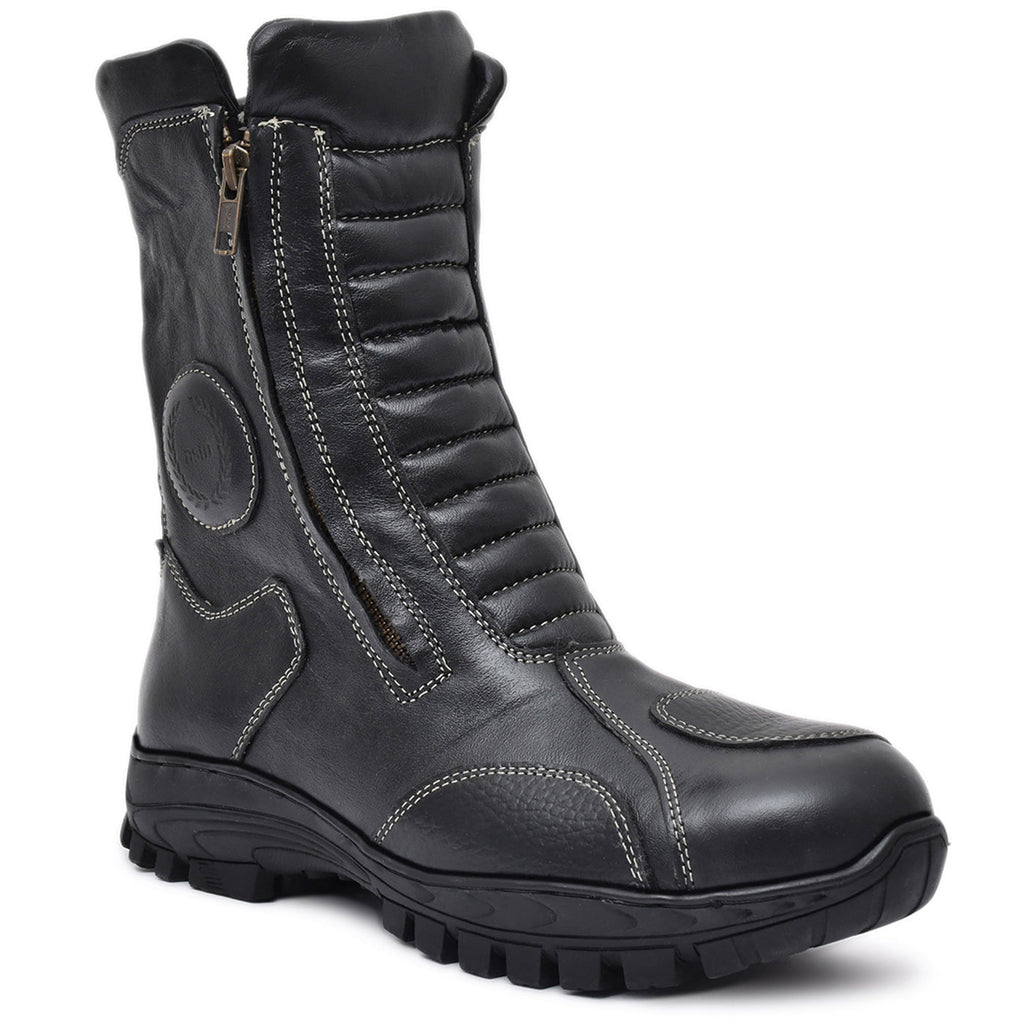 Biker Boots : Waterproof Black leather Rider boots for bikers with Memory foam footpad.