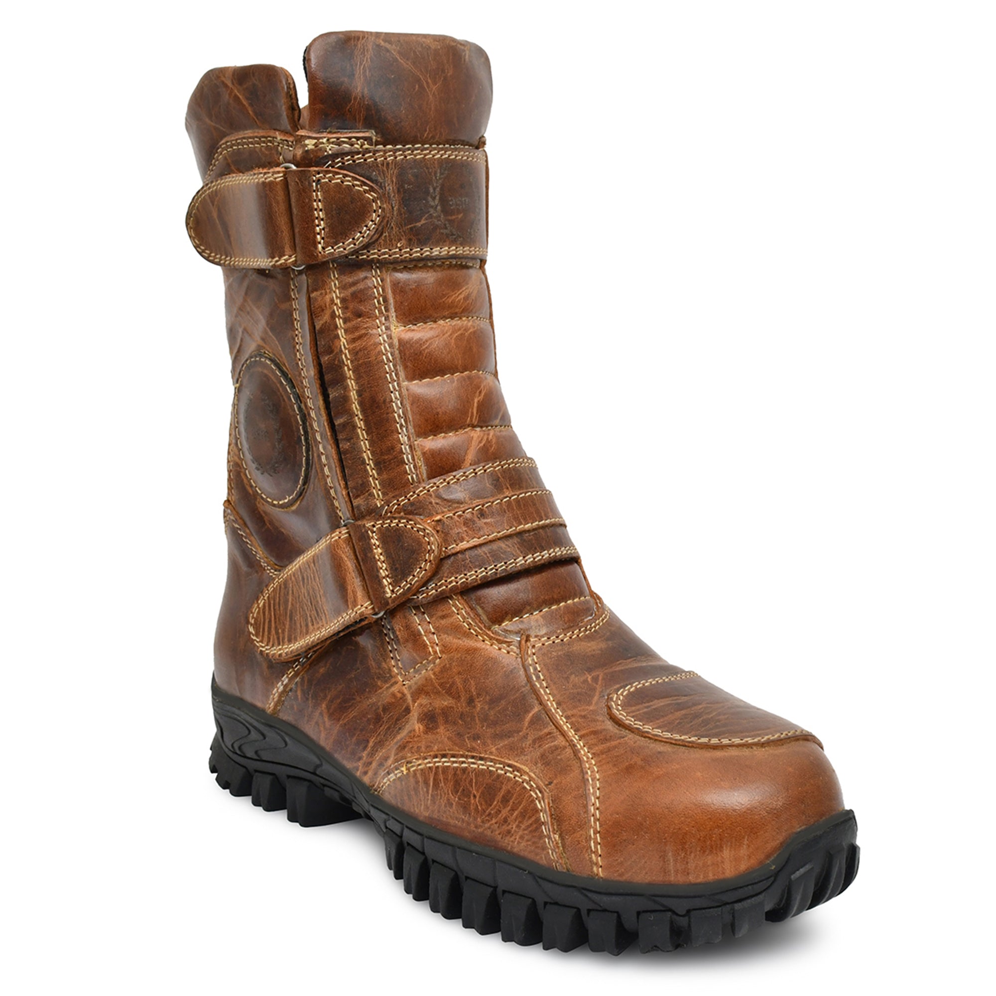 Biker Boots : Waterproof Brown Rugged leather Rider boots for bikers with Memory foam footpad.
