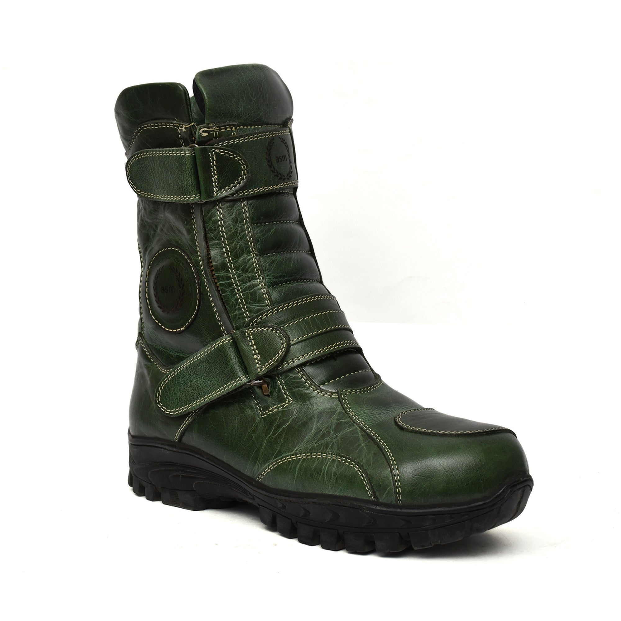 Biker Boots : Waterproof Green Rugged leather Rider boots for bikers with Memory foam footpad.