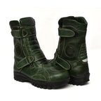 Biker Boots : Waterproof Green Rugged leather Rider boots for bikers with Memory foam footpad.