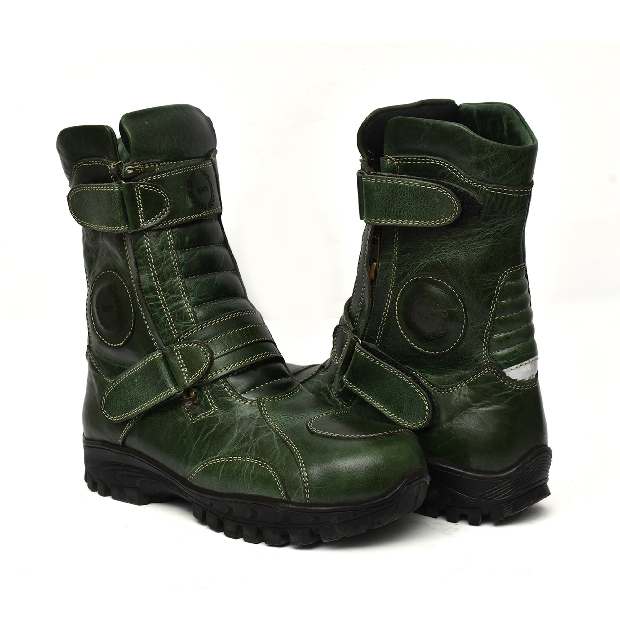 Biker Boots : Waterproof Green Rugged leather Rider boots for bikers with Memory foam footpad.