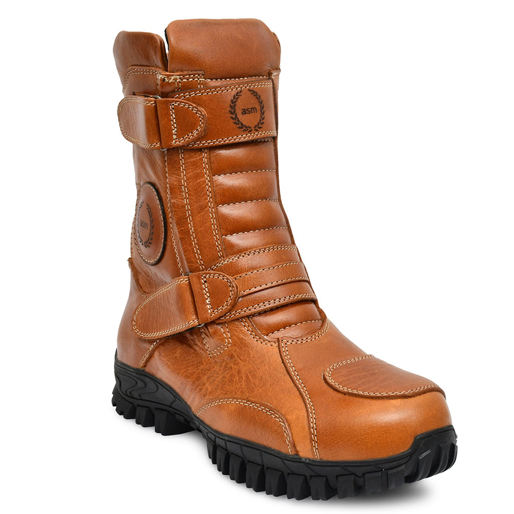 Biker Boots : Waterproof Tan Rugged leather Rider boots for bikers with Memory foam footpad.