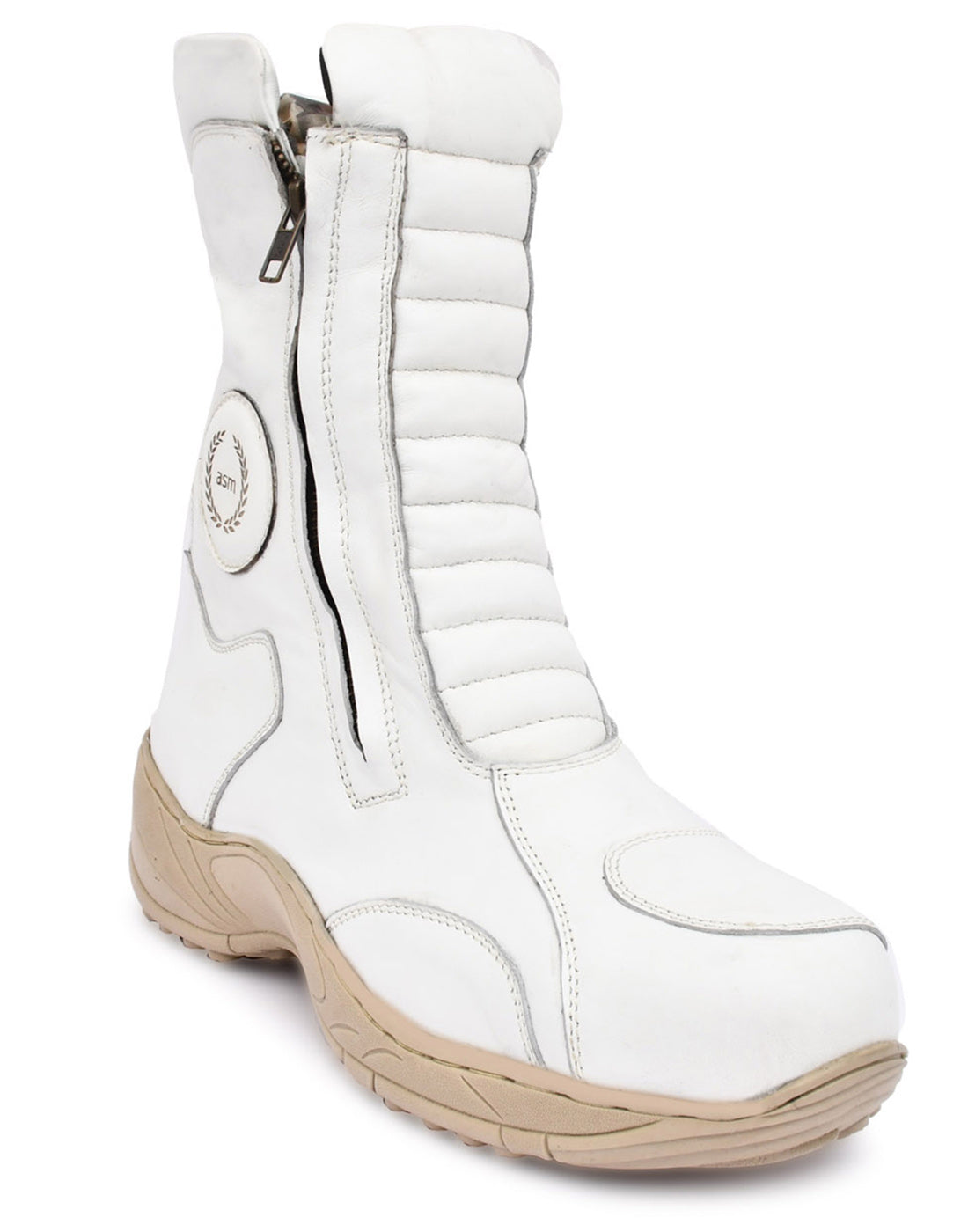 Biker Boots : Waterproof White leather Rider boots for bikers with Memory foam footpad.