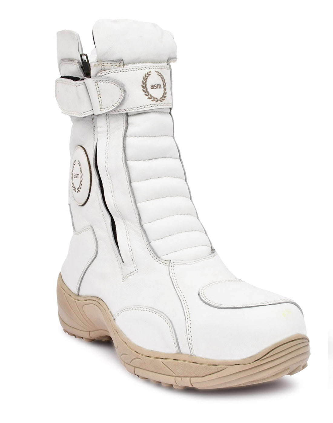 Biker Boots : Waterproof White leather Rider boots for bikers with Memory foam footpad.