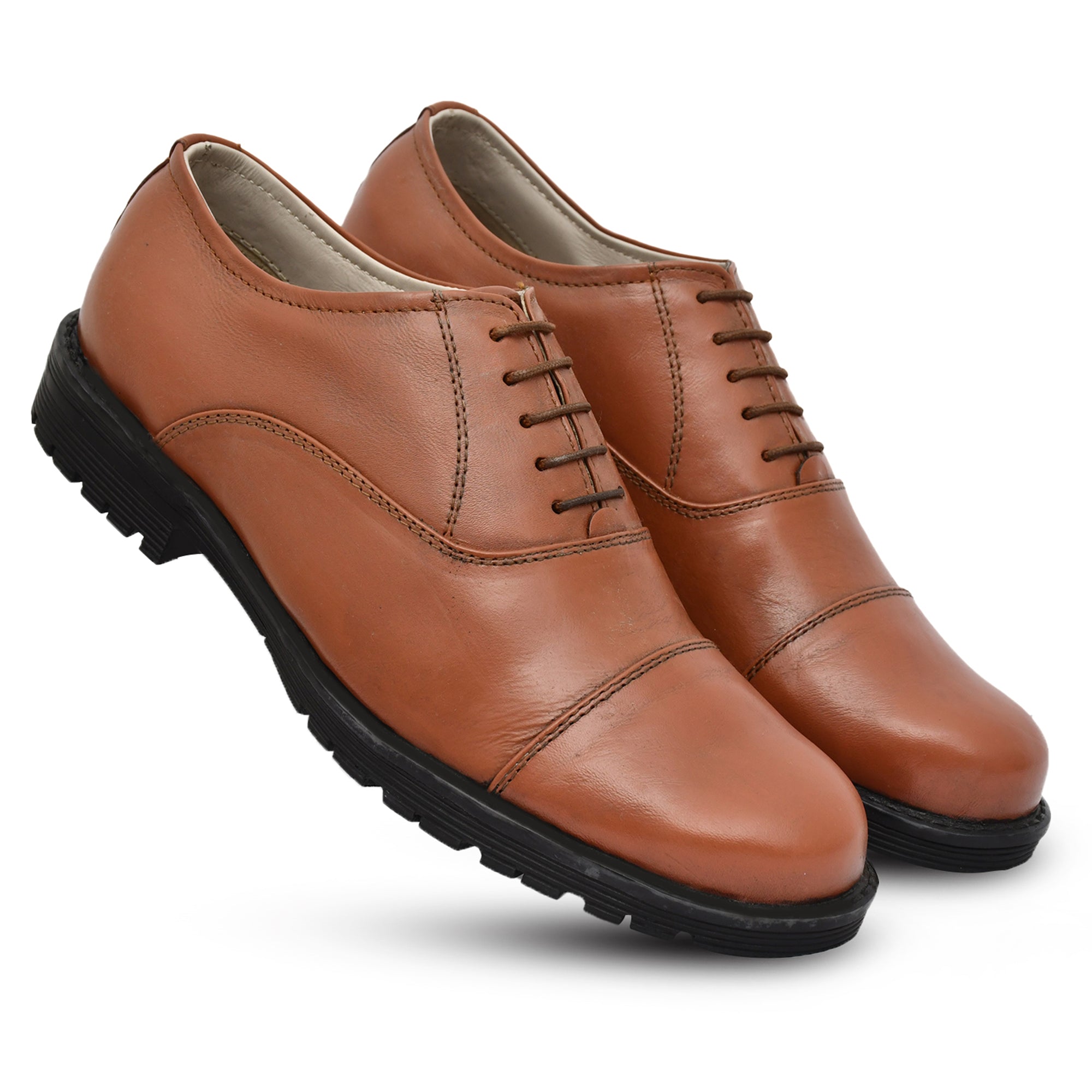 Safety Shoes : Industrial Safety Oxford Police Tan leather Shoes with Steel Toe & Memory foam footpad. Article : S110-PoliceTan