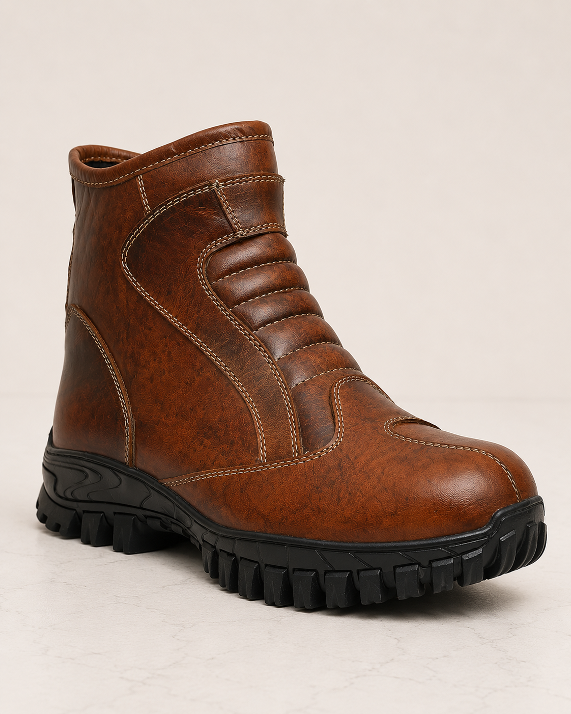 amisar biker boot brown rugged steel toe Full Grain Leather Upper Memory Foam Footpad High Performance Rubber Sole side view