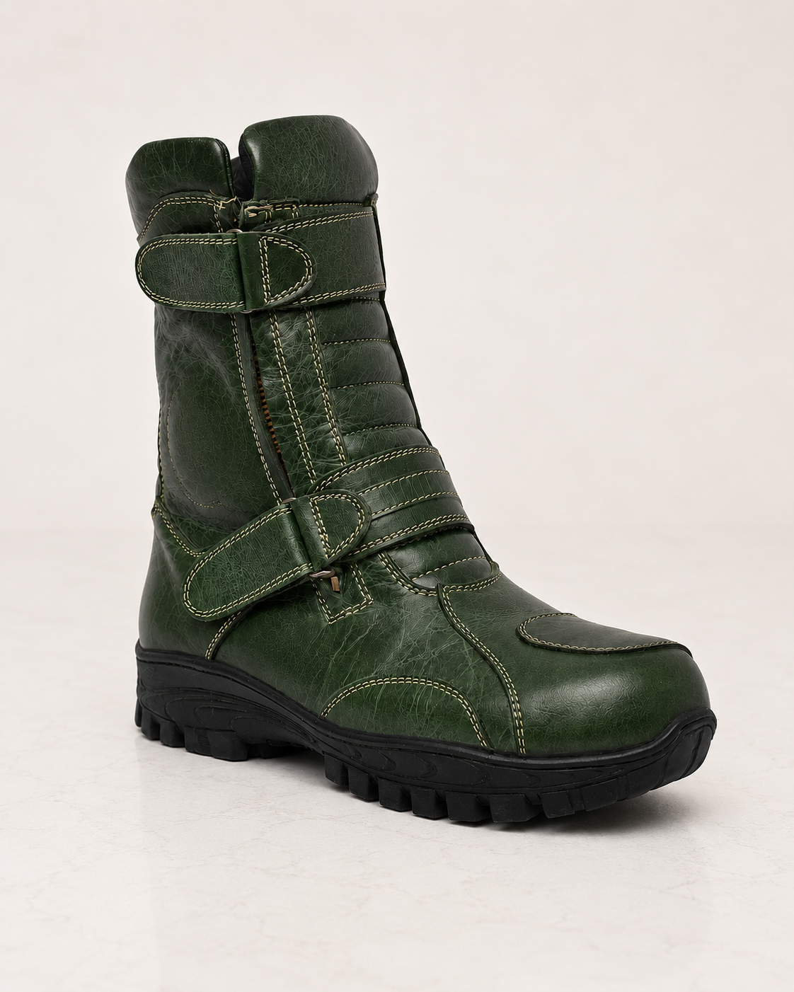 amisar biker boot rugged green Waterproof Full Grain Leather Upper Steel Toe Protection High Performance Rubber Sole side view