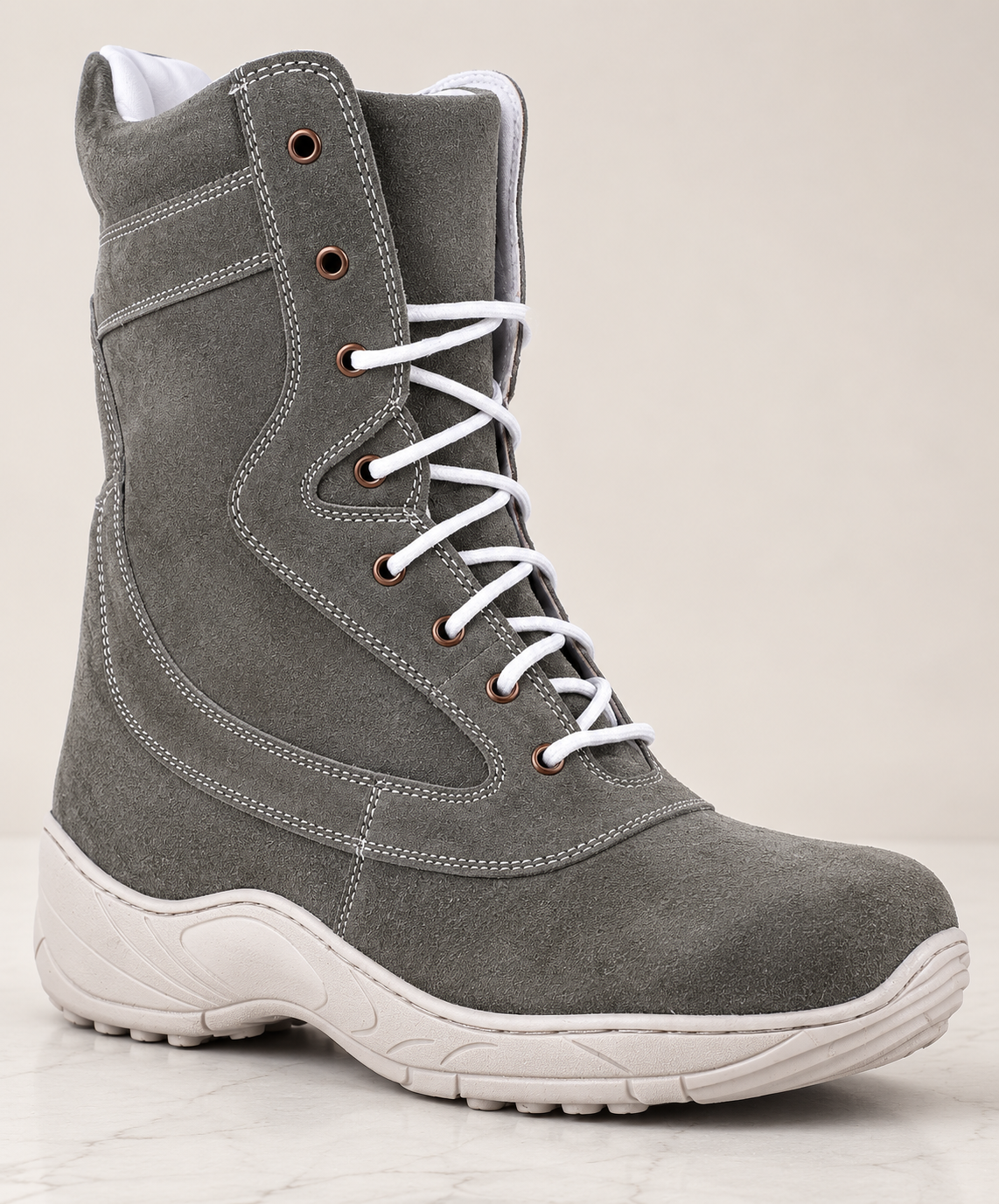 amisar biker boot green Suede Leather Upper Brass side Chain & Eyelets High Performance Phylon Sole side view