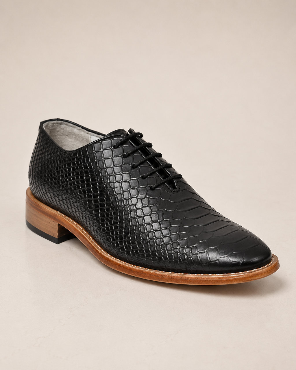 amisar black cobra embossed leather soft leather handmade argentinian sole derby goodyear welted side view