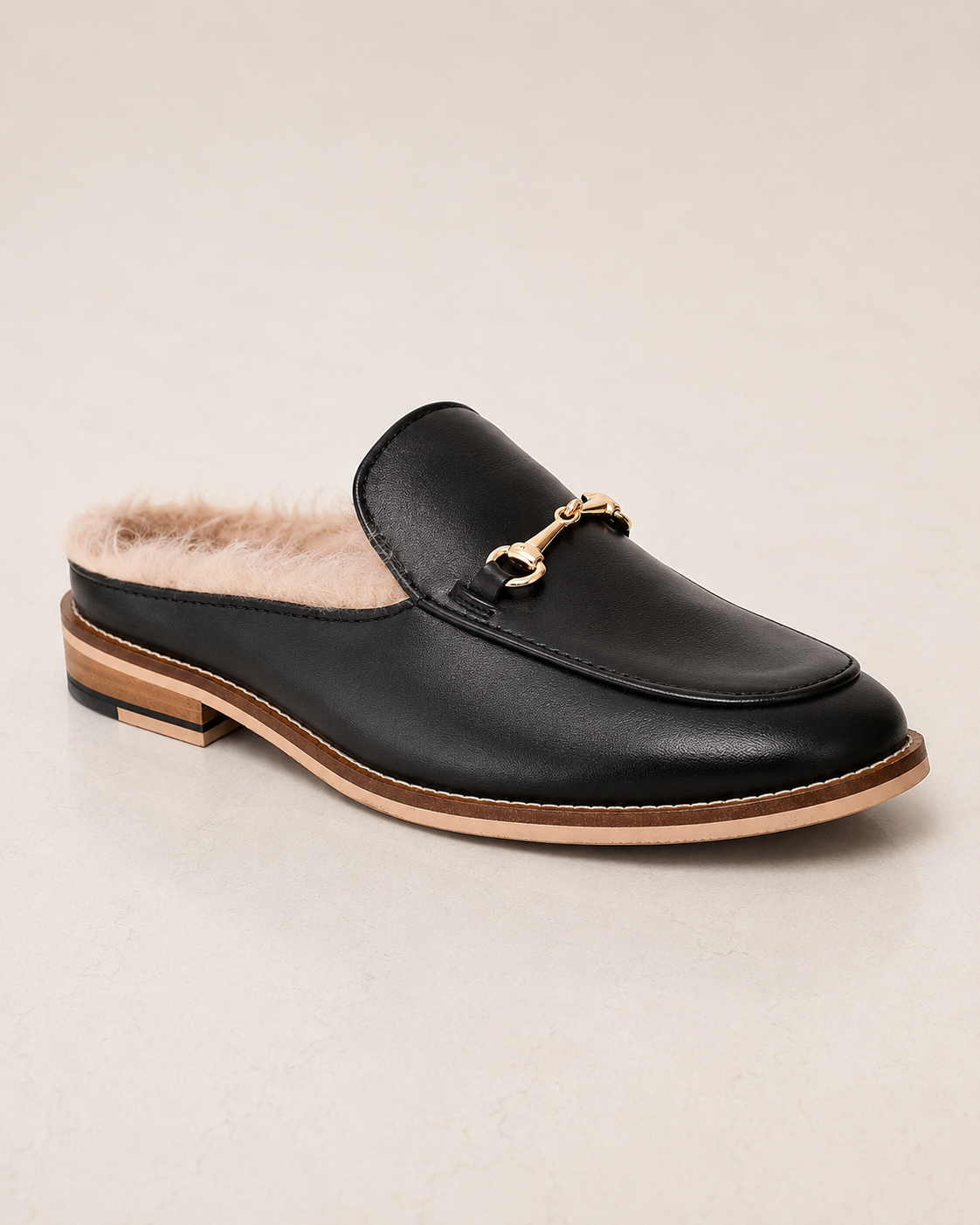 amisar black mules fur horsebit backless Soft Leather Lining with Plush Trim Full Leather Upper side view