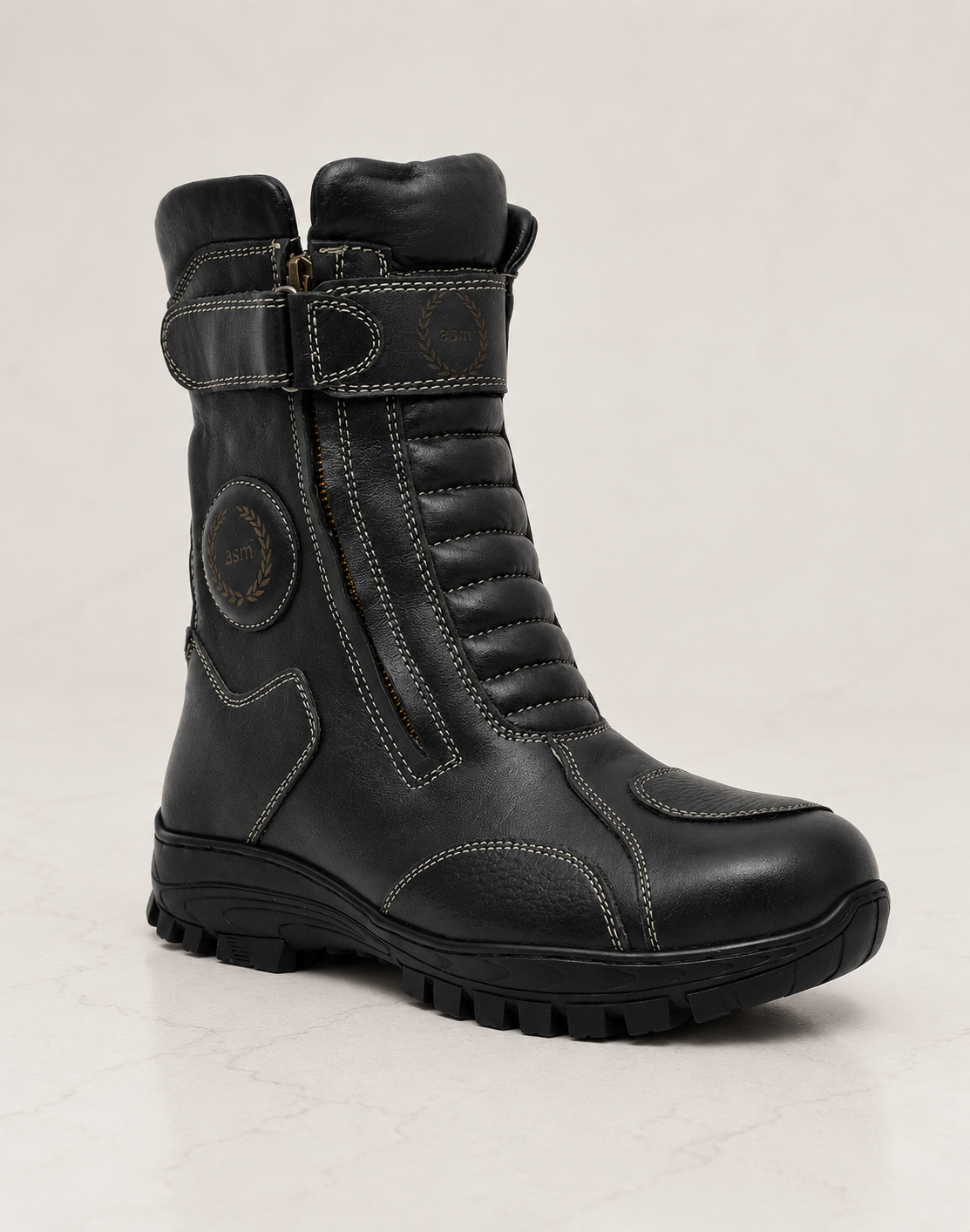 amisar black rubber sole grain leather cemented zip biker boot side view
