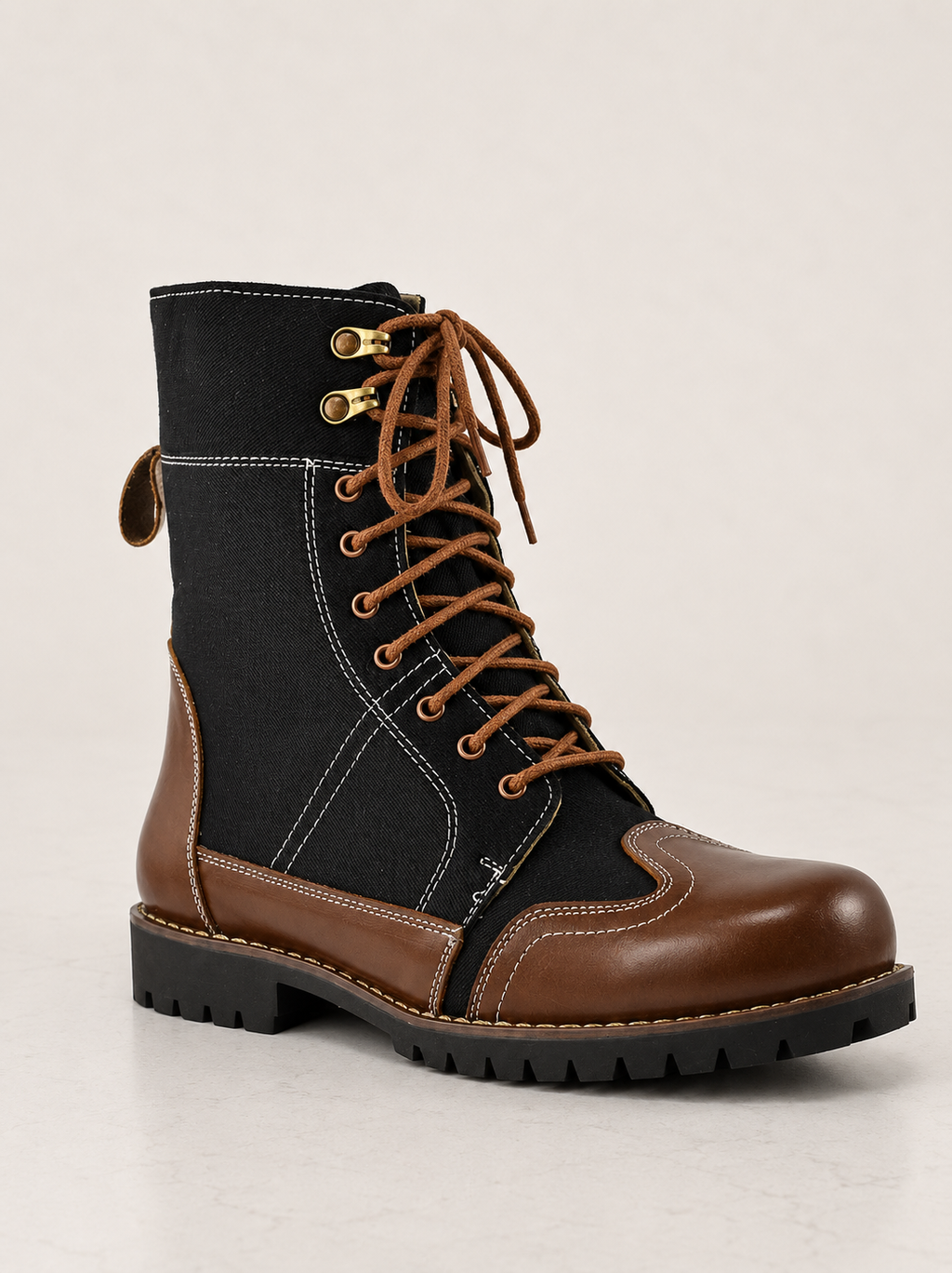 amisar black tan memory foam thermoplastic sole leather fabric two tone biker boots side view