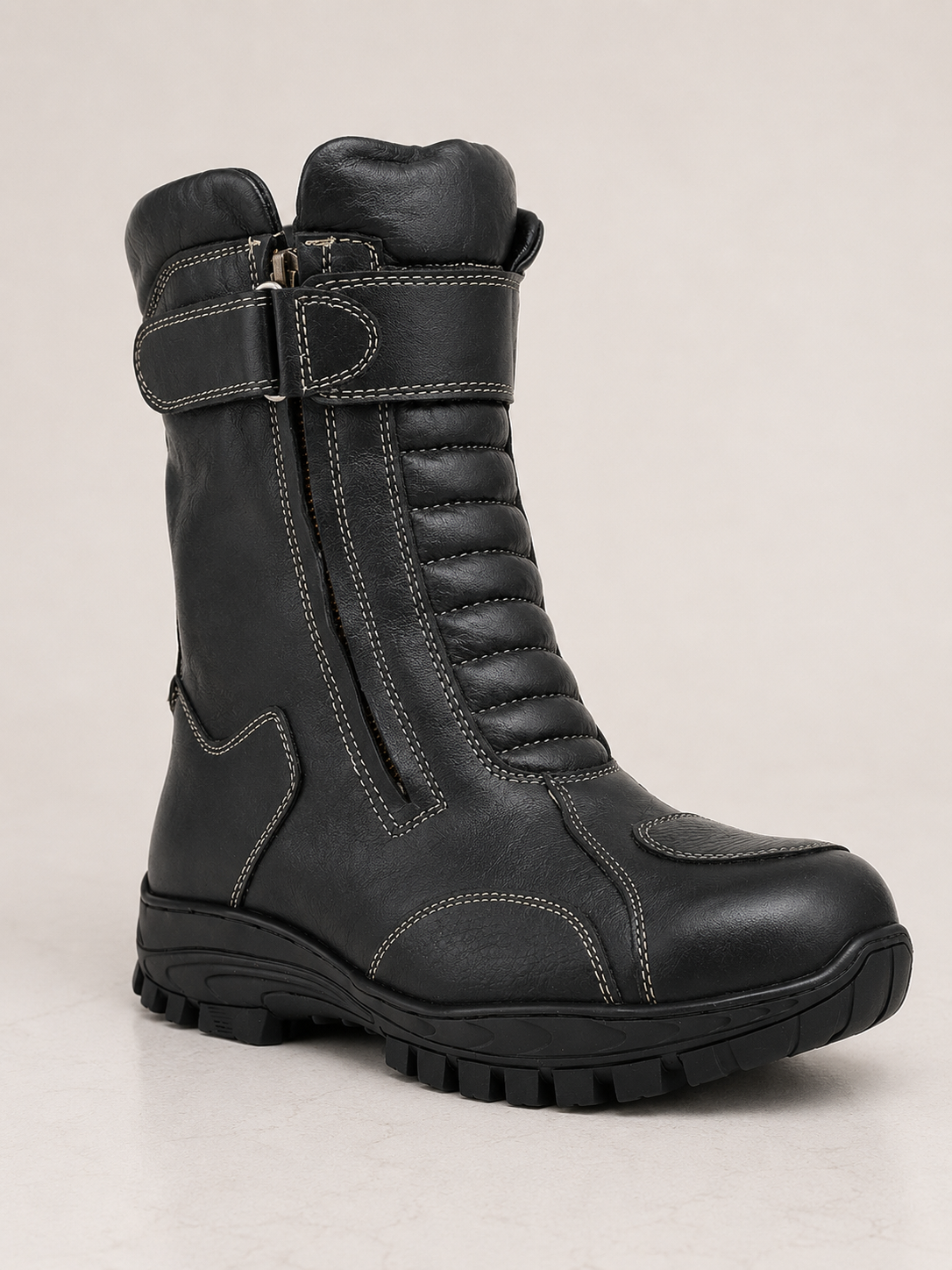 amisar black grain leather rubber sole cemented waterproof zip biker boots side view