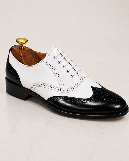 amisar black white lace up handmade argentinian leather sole soft leather lining brogue goodyear welted side view