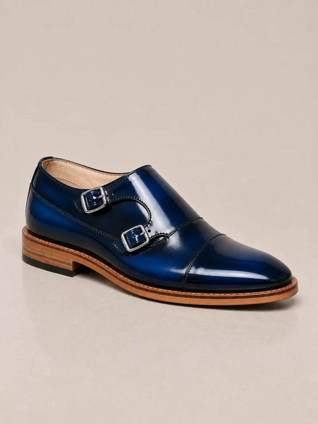 amisar blue brush off argentinian leather sole double monk straps goodyear welted side view