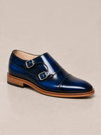 amisar blue brush off argentinian leather sole double monk straps goodyear welted side view