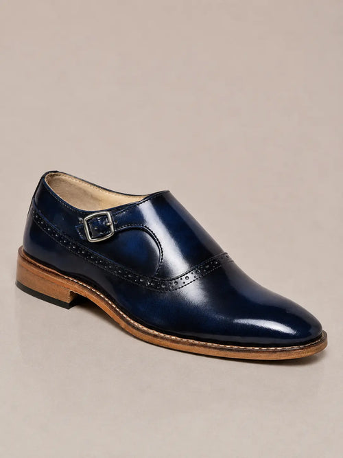 amisar blue brush off argentinian leather sole single monk straps goodyear welted side view