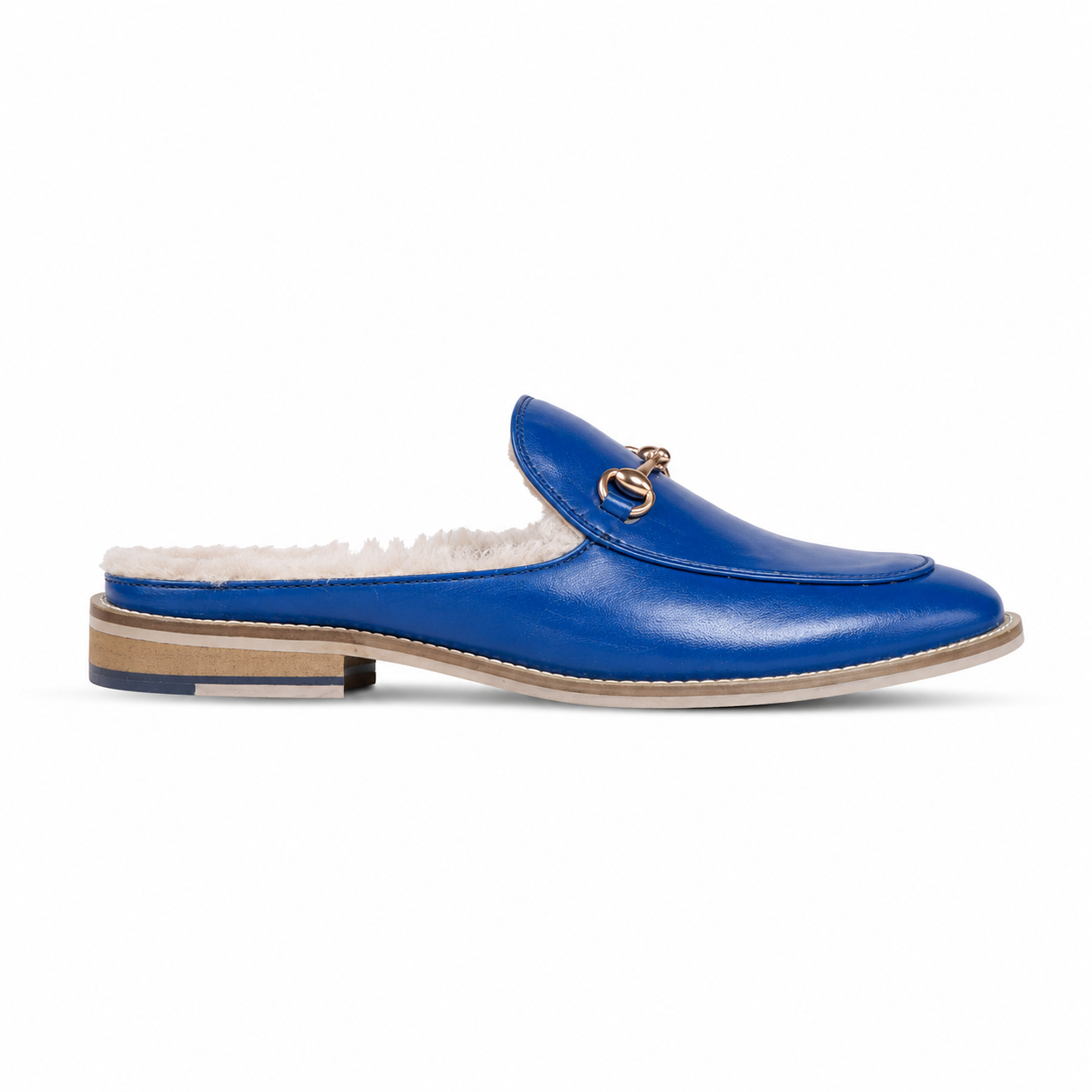 amisar blue handmade horsebit mules side view