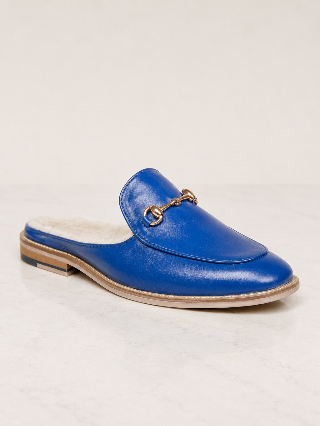 amisar blue handmade horsebit mules side view