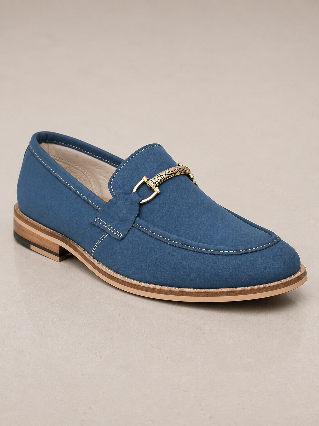amisar blue handmade soft leather slip on handmade leather sole loafer bit side view