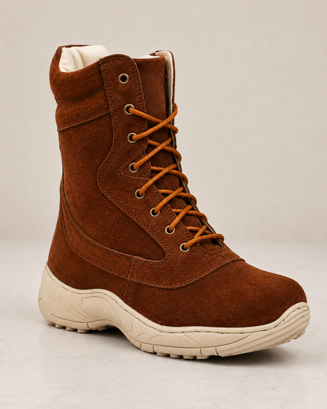 amisar dark suede biker boot side chain Suede Leather Upper Brass Chain & Eyelets High Performance Phylon Sole side view