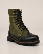 amisar green blak two tone thermoplastic sole leather fabric biker boots side view