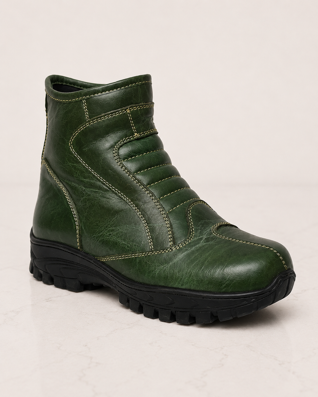 amisar green full grain leather phylon sole cemented memory foam soft breathable leather lining steel toe biker boots side view