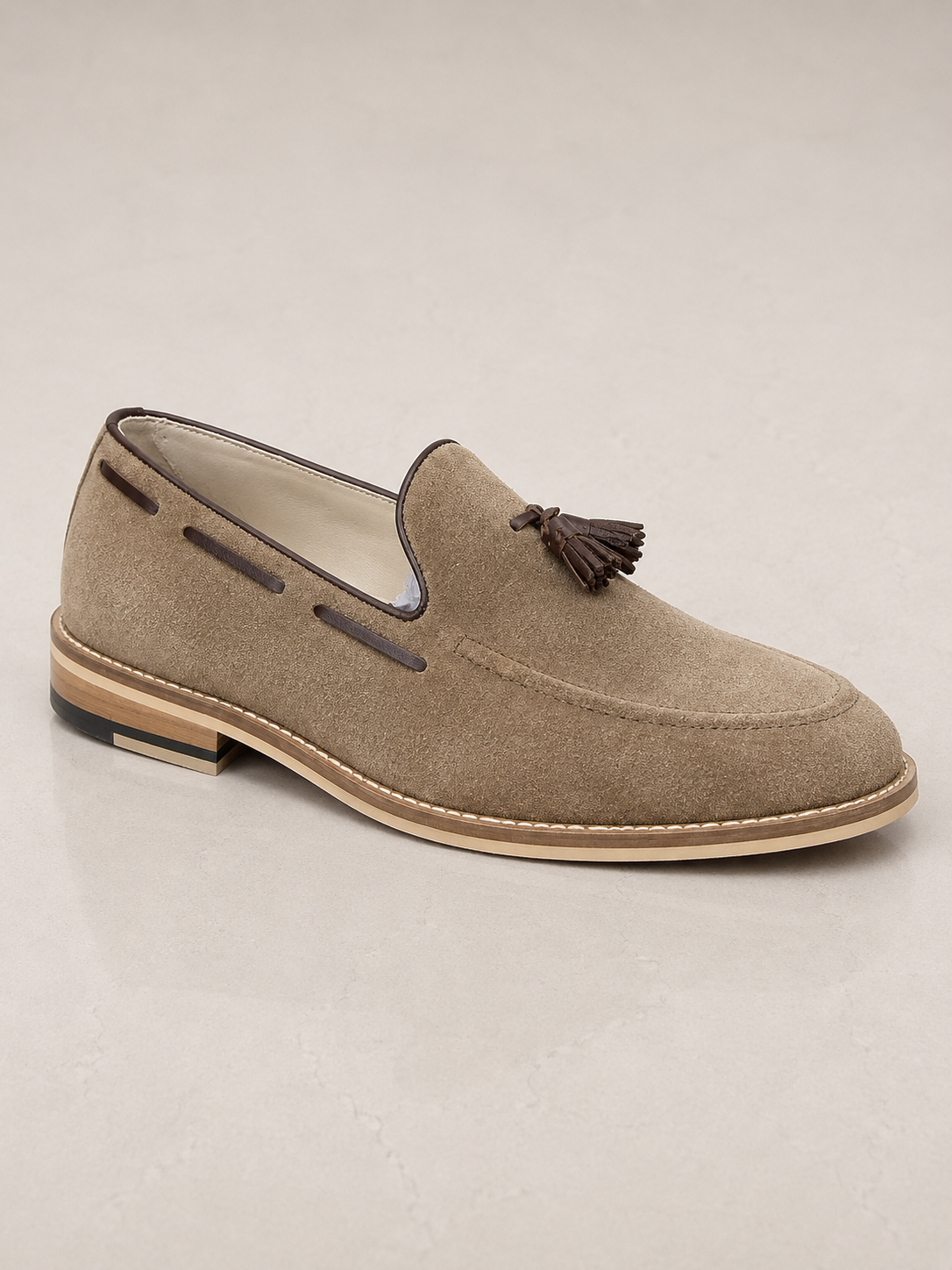 amisar Classic Tassel Penny Loafer Design Premium Light Brown Suede Leather Upper Handmade Sheet sole side view
