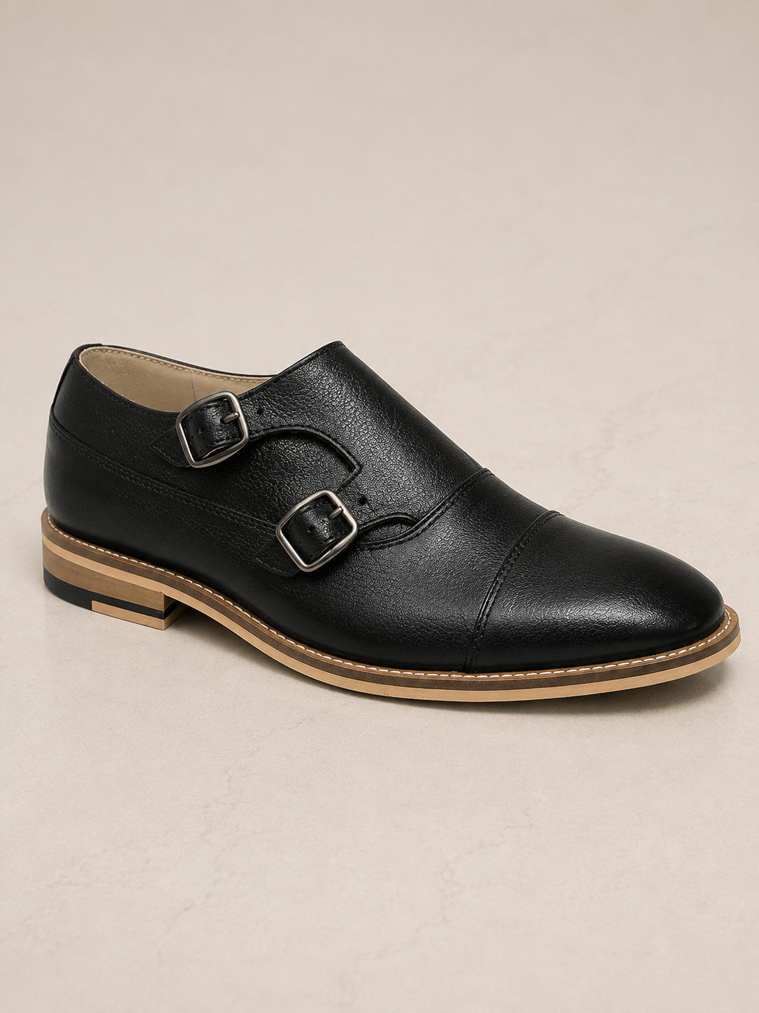 amisar monk straps Oxford Silhouette Full black Leather Upper TPR Sole cemented side view 