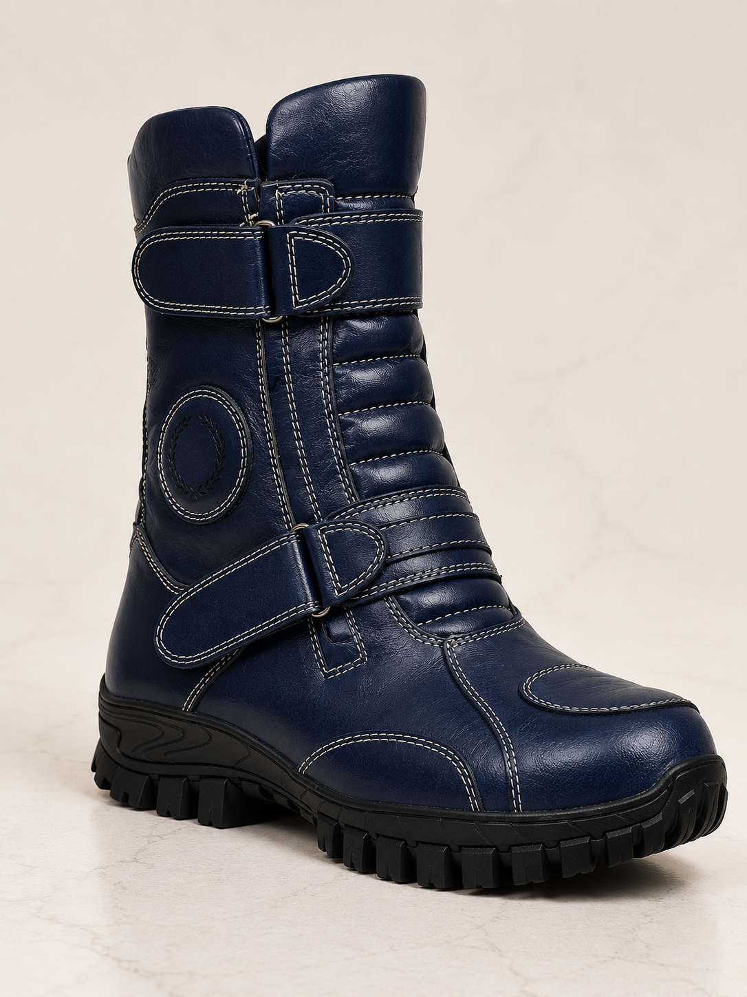 amisar rugged blue rubber sole cemented grain leather waterproof biker boot side view