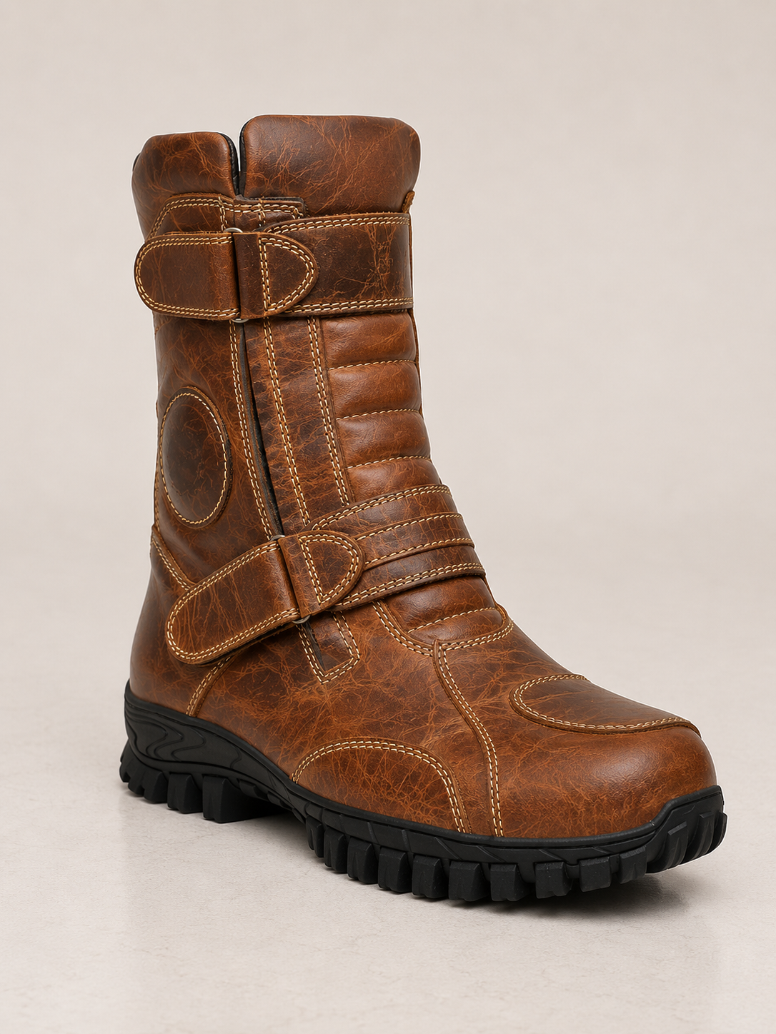 amisar rugged brown rubber sole Side zip dual hook loop straps cemented waterproof biker boot side view