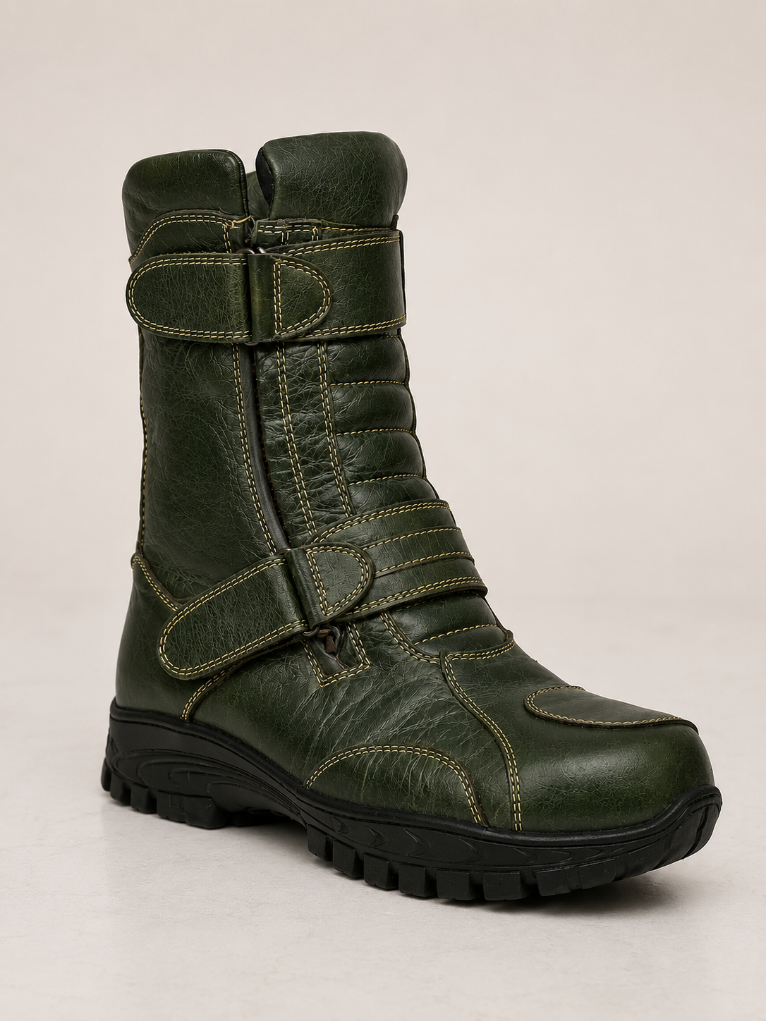 amisar rugged green waterproof grain leather rubber sole biker boot side view
