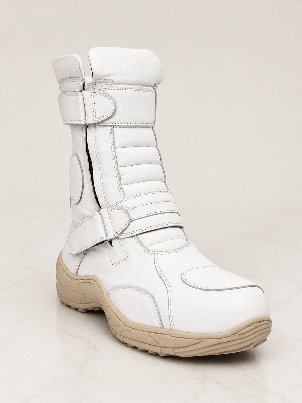 amisar rugged white side zip dual hook & loop straps phylon sole grain leather waterproof biker boot side view