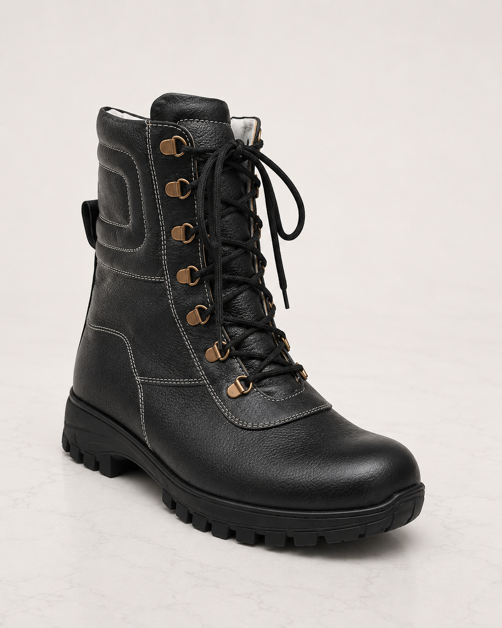 amisar snow boots black fur Full Grain Leather Upper Fur Lining Brass Loops High Performance Rubber Sole side view