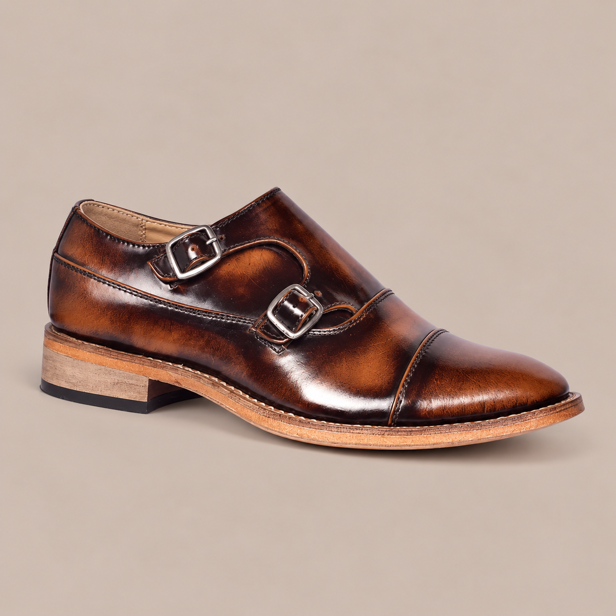 amisar tan brush off argentinian leather sole double monk straps goodyear welted side view