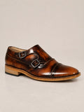 amisar tan brush off argentinian leather sole double monk straps goodyear welted side view