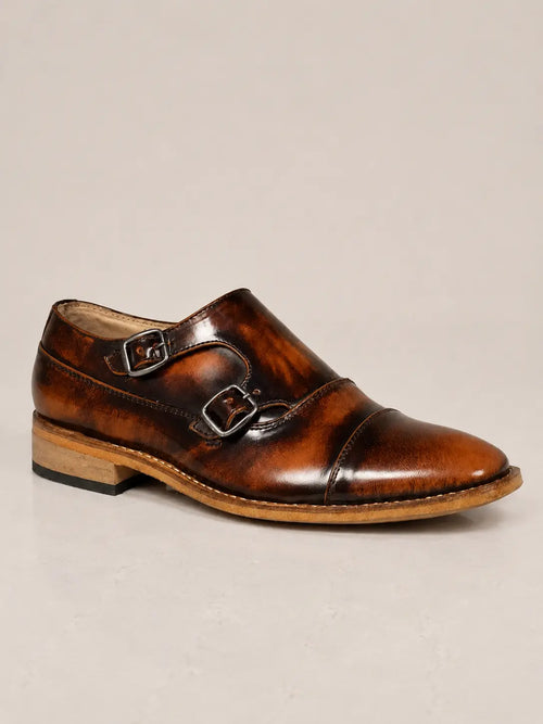 amisar tan brush off argentinian leather sole double monk straps goodyear welted side view