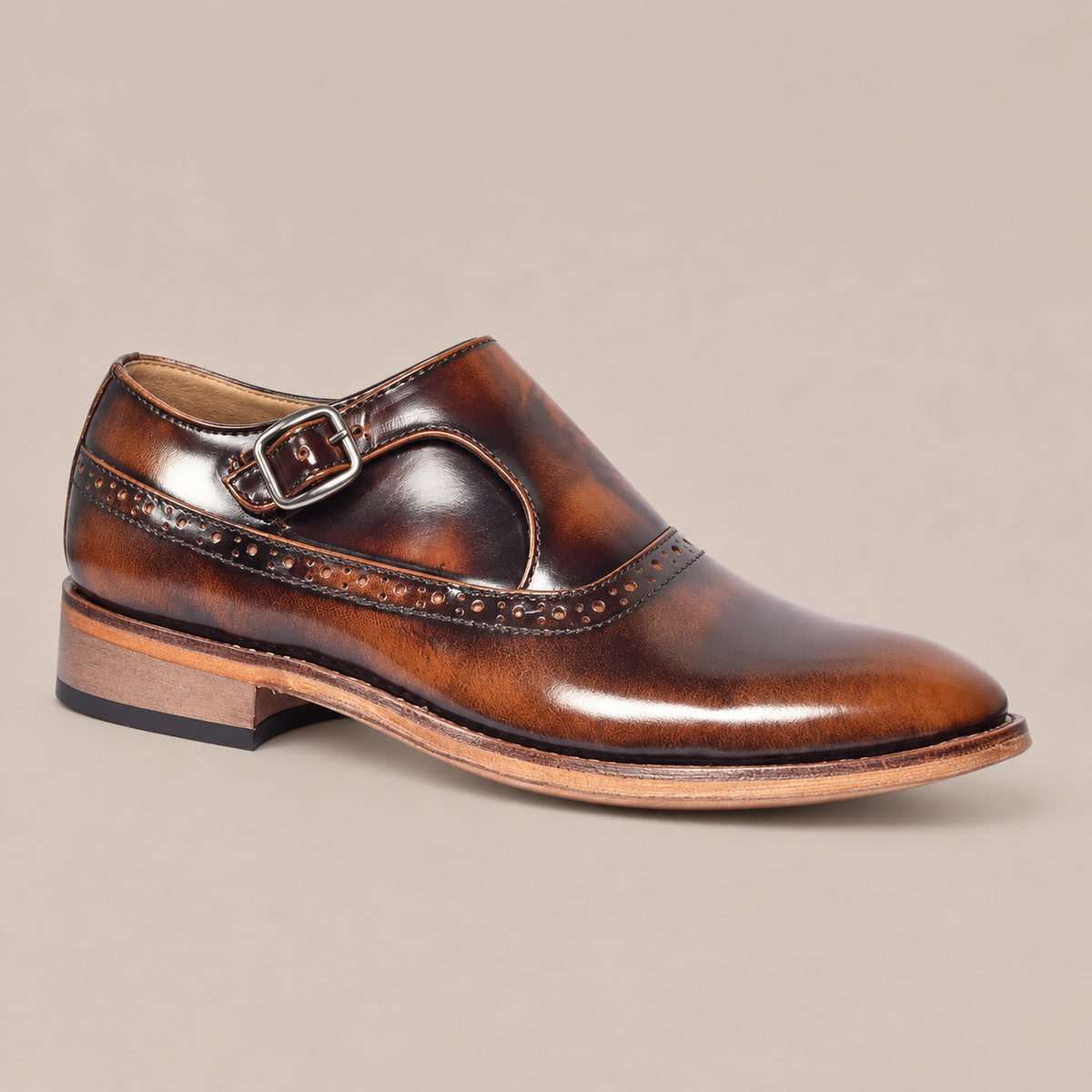 amisar tan brush off argentinian leather sole single monk straps buckle goodyear welted side view