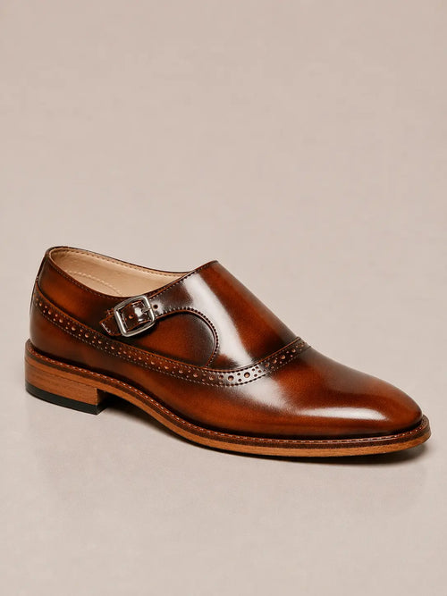 amisar tan brush off argentinian leather sole single monk straps buckle goodyear welted side view